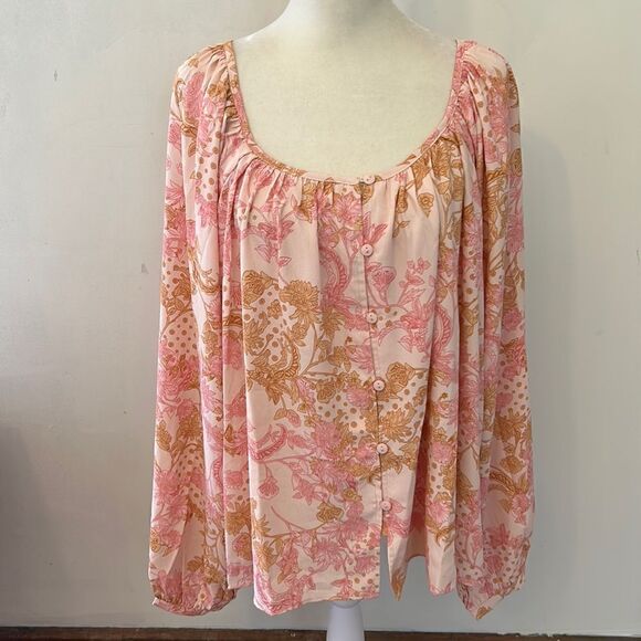 mittoshop pale pink floral long sleeve button front blouse Size 1X New - Picture 1 of 9